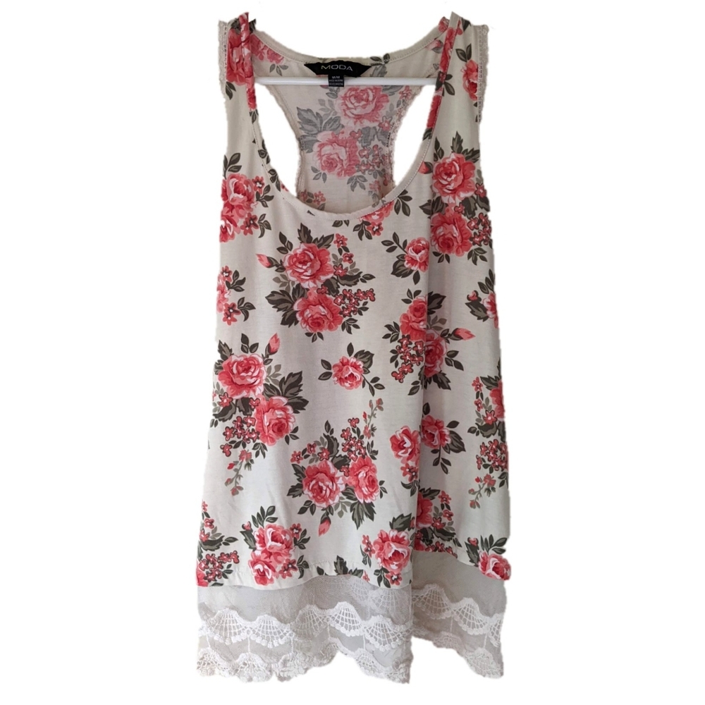 Moda pink floral lace tank top